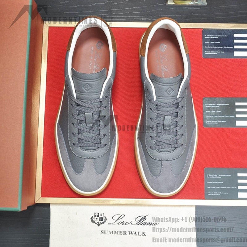 Loro Piana Tennis Walk Sneaker in slate grey and blue grey leather and suede with coffee gum sole