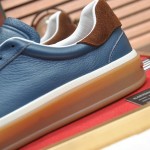 Loro Piana Tennis Walk Sneaker in steel blue pebbled leather and dark navy suede with Coffee Gum Sole