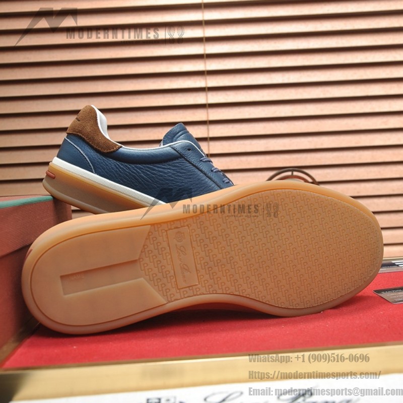 Loro Piana Tennis Walk Sneaker in steel blue pebbled leather and dark navy suede with Coffee Gum Sole