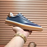 Loro Piana Tennis Walk Sneaker in steel blue pebbled leather and dark navy suede with Coffee Gum Sole