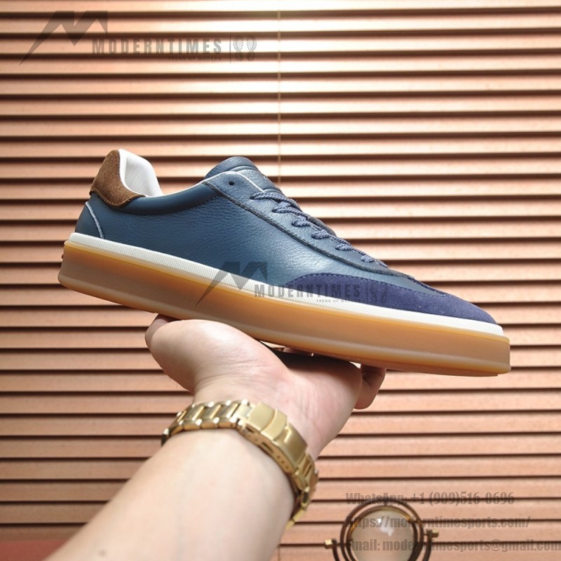 Loro Piana Tennis Walk Sneaker in steel blue pebbled leather and dark navy suede with Coffee Gum Sole