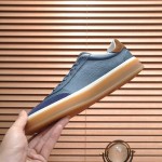 Loro Piana Tennis Walk Sneaker in steel blue pebbled leather and dark navy suede with Coffee Gum Sole