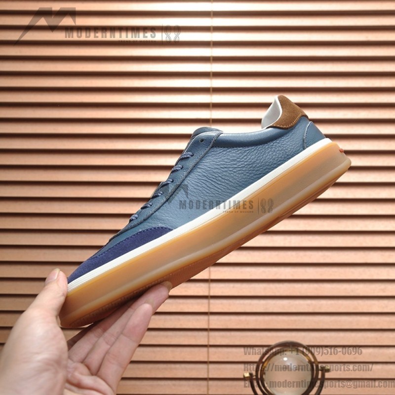 Loro Piana Tennis Walk Sneaker in steel blue pebbled leather and dark navy suede with Coffee Gum Sole