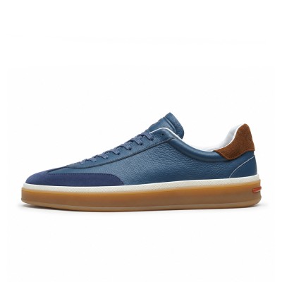 Loro Piana Tennis Walk Sneaker Steel Blue Pebbled Leather & Navy Suede with Coffee Gum Sole