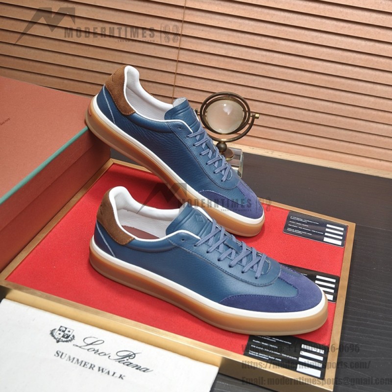 Loro Piana Tennis Walk Sneaker in steel blue pebbled leather and dark navy suede with Coffee Gum Sole