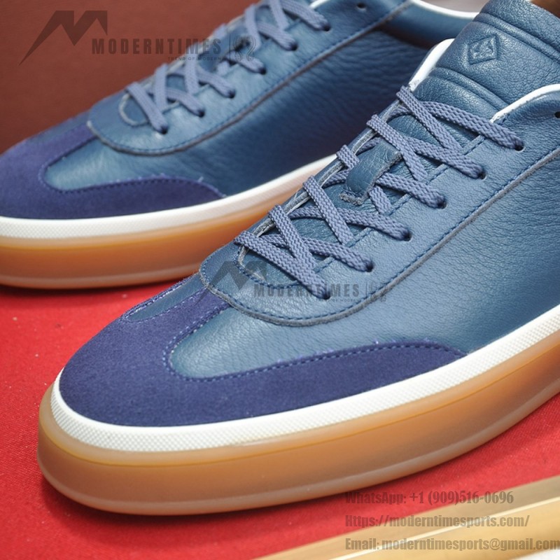 Loro Piana Tennis Walk Sneaker in steel blue pebbled leather and dark navy suede with Coffee Gum Sole