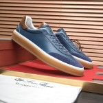 Loro Piana Tennis Walk Sneaker in steel blue pebbled leather and dark navy suede with Coffee Gum Sole