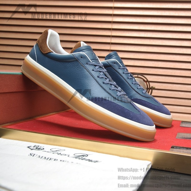 Loro Piana Tennis Walk Sneaker in steel blue pebbled leather and dark navy suede with Coffee Gum Sole