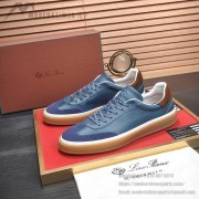 Loro Piana Tennis Walk Sneaker Steel Blue Pebbled Leather & Navy Suede with Coffee Gum Sole