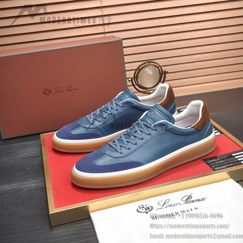 Loro Piana Tennis Walk Sneaker in steel blue pebbled leather and dark navy suede with Coffee Gum Sole