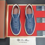 Loro Piana Tennis Walk Sneaker in steel blue pebbled leather and dark navy suede with Coffee Gum Sole