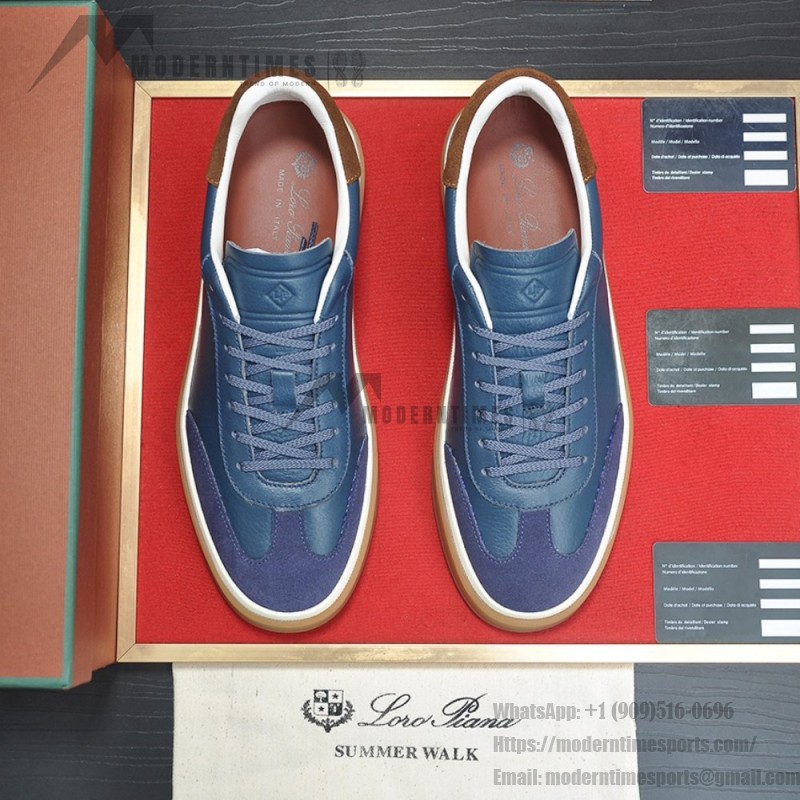 Loro Piana Tennis Walk Sneaker in steel blue pebbled leather and dark navy suede with Coffee Gum Sole