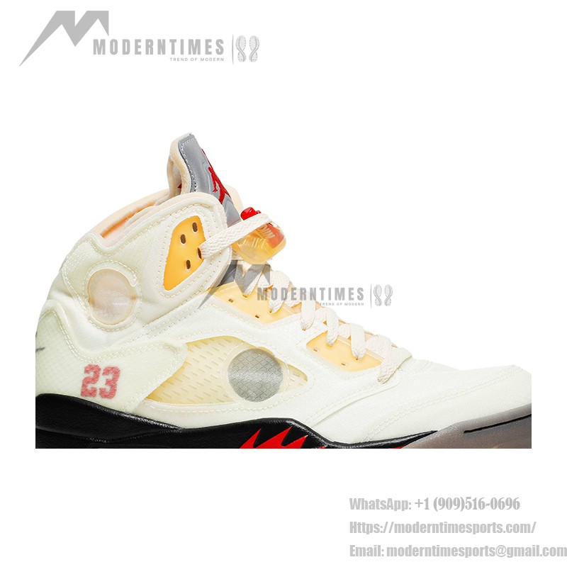 Air Jordan 5 Retro DH8565-100 Off-White Sail Sneakers with Red Accents and Reflective Tongue