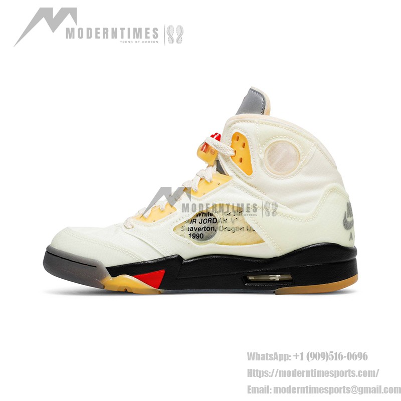 Air Jordan 5 Retro DH8565-100 Off-White Sail Sneakers with Red Accents and Reflective Tongue