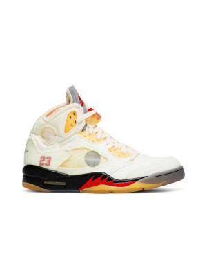 Air Jordan 5   Retro DH8565-100 - Off-White Sail Sneakers with Red Accents & Reflective Tongue