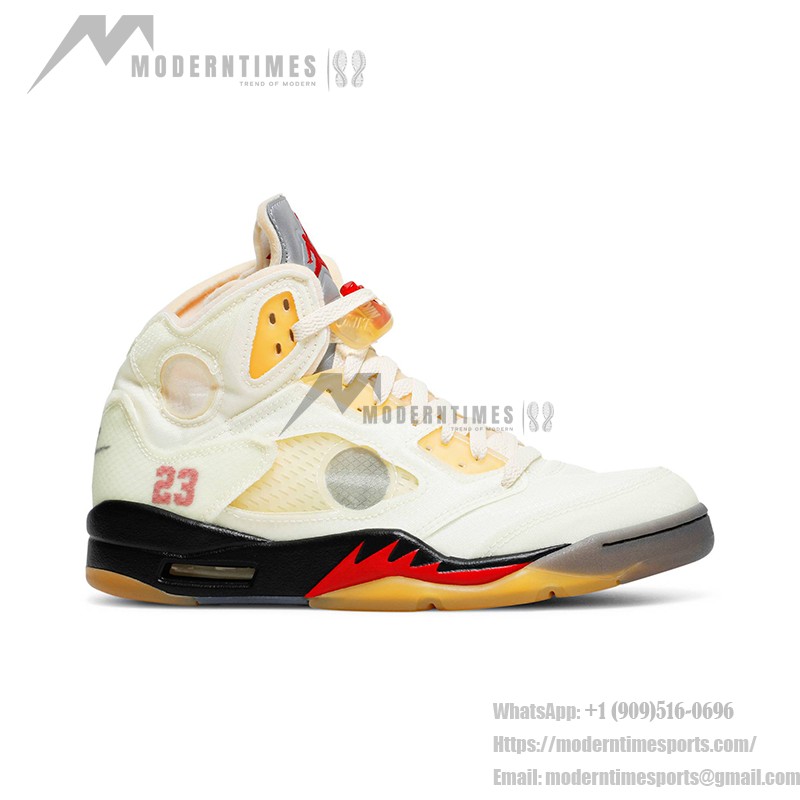 Air Jordan 5 Retro DH8565-100 Off-White Sail Sneakers with Red Accents and Reflective Tongue