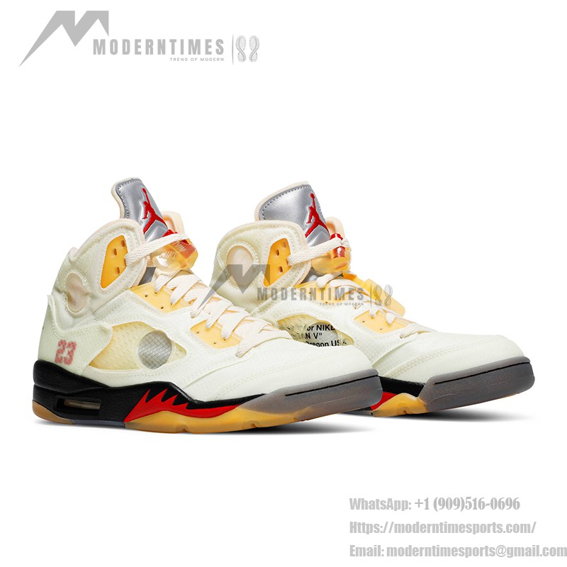 Air Jordan 5 Retro DH8565-100 Off-White Sail Sneakers with Red Accents and Reflective Tongue