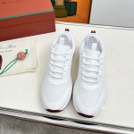 Loro Piana FAM1718-1000 White Leather Sneakers Loro Piana FAM1718-1000 White Sneakers Front View with Red Detailing