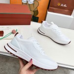Loro Piana FAM1718-1000 White Leather Sneakers Loro Piana FAM1718-1000 White Sneakers Front View with Red Detailing