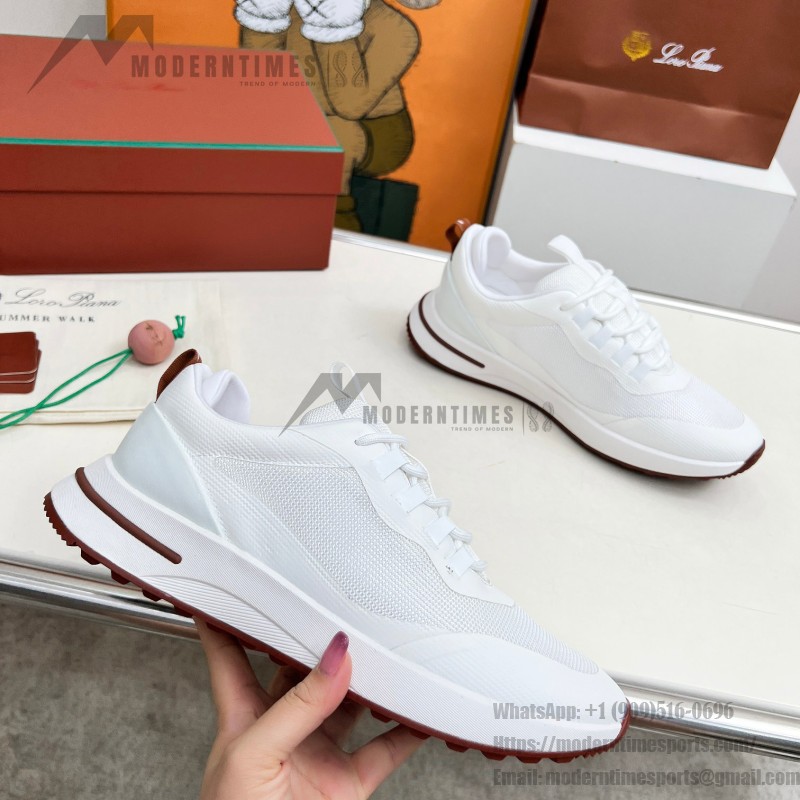 Loro Piana FAM1718-1000 White Leather Sneakers Loro Piana FAM1718-1000 White Sneakers Front View with Red Detailing