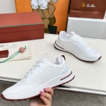 Loro Piana FAM1718-1000 White Leather Sneakers Loro Piana FAM1718-1000 White Sneakers Front View with Red Detailing