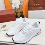 Loro Piana FAM1718-1000 White Leather Sneakers Loro Piana FAM1718-1000 White Sneakers Front View with Red Detailing