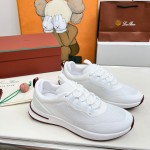 Loro Piana FAM1718-1000 White Leather Sneakers Loro Piana FAM1718-1000 White Sneakers Front View with Red Detailing