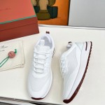 Loro Piana FAM1718-1000 White Leather Sneakers Loro Piana FAM1718-1000 White Sneakers Front View with Red Detailing