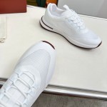 Loro Piana FAM1718-1000 White Leather Sneakers Loro Piana FAM1718-1000 White Sneakers Front View with Red Detailing