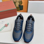 Loro Piana FAM1718-F3DW Navy Blue Leather Sneakers Loro Piana FAM1718-F3DW Navy Blue Sneakers Front View with Grey and Brown Detailing