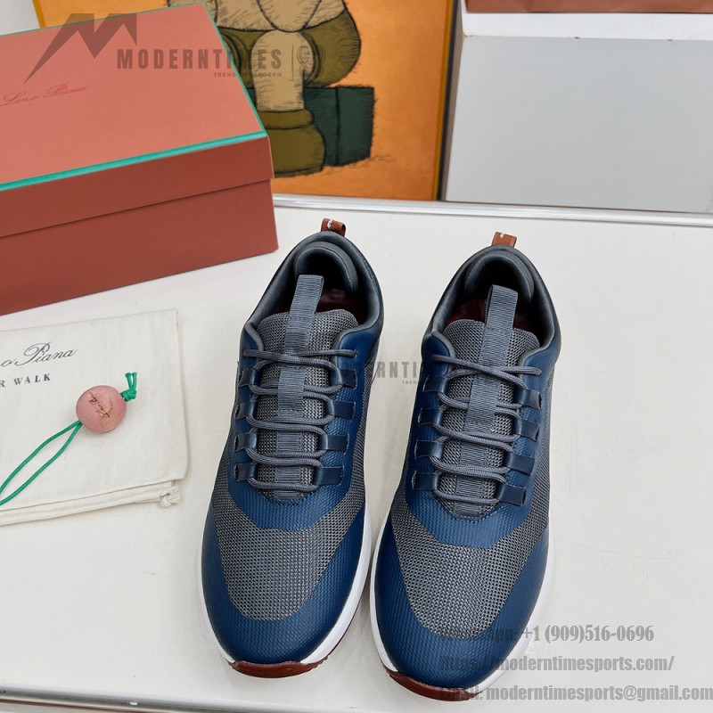 Loro Piana FAM1718-F3DW Navy Blue Leather Sneakers Loro Piana FAM1718-F3DW Navy Blue Sneakers Front View with Grey and Brown Detailing