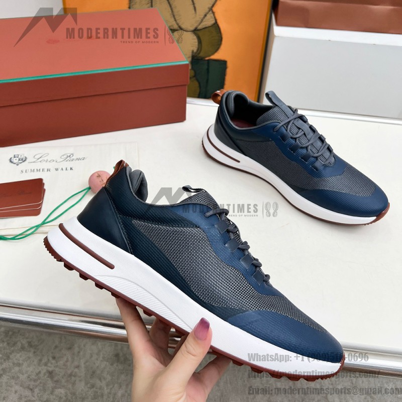 Loro Piana FAM1718-F3DW Navy Blue Leather Sneakers Loro Piana FAM1718-F3DW Navy Blue Sneakers Front View with Grey and Brown Detailing