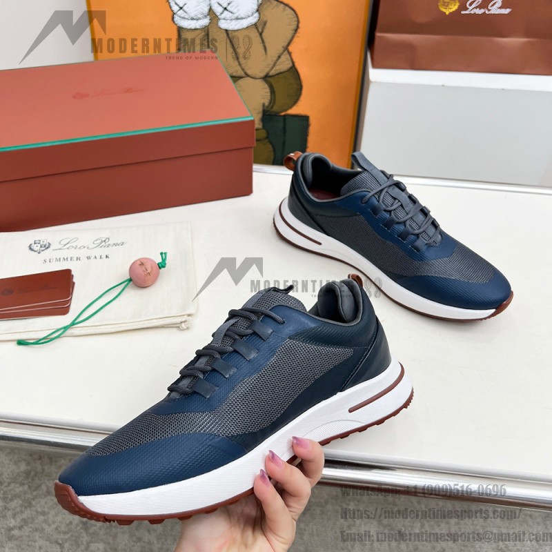 Loro Piana FAM1718-F3DW Navy Blue Leather Sneakers Loro Piana FAM1718-F3DW Navy Blue Sneakers Front View with Grey and Brown Detailing