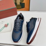 Loro Piana FAM1718-F3DW Navy Blue Leather Sneakers Loro Piana FAM1718-F3DW Navy Blue Sneakers Front View with Grey and Brown Detailing