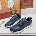 Loro Piana FAM1718-F3DW Navy Blue Leather Sneakers Loro Piana FAM1718-F3DW Navy Blue Sneakers Front View with Grey and Brown Detailing