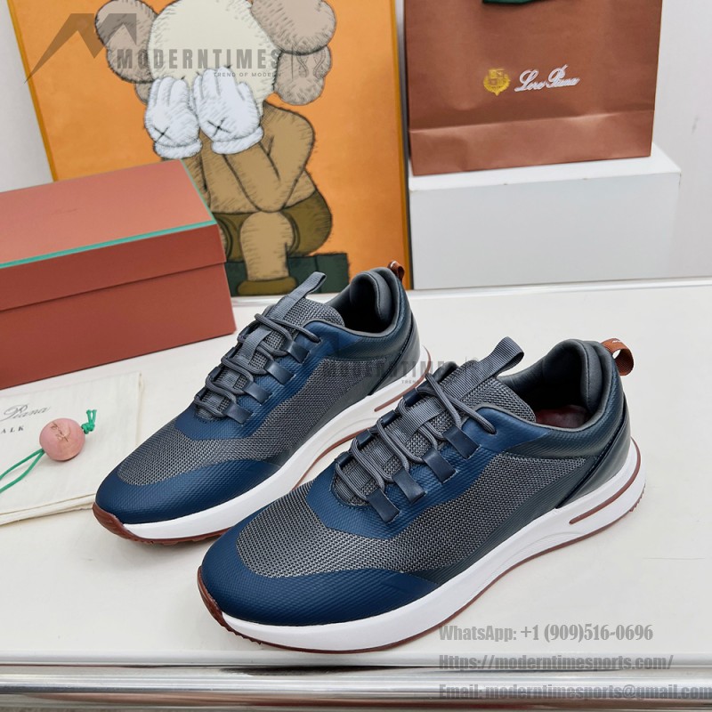 Loro Piana FAM1718-F3DW Navy Blue Leather Sneakers Loro Piana FAM1718-F3DW Navy Blue Sneakers Front View with Grey and Brown Detailing