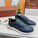 Loro Piana FAM1718-F3DW Navy Blue Leather Sneakers Loro Piana FAM1718-F3DW Navy Blue Sneakers Front View with Grey and Brown Detailing