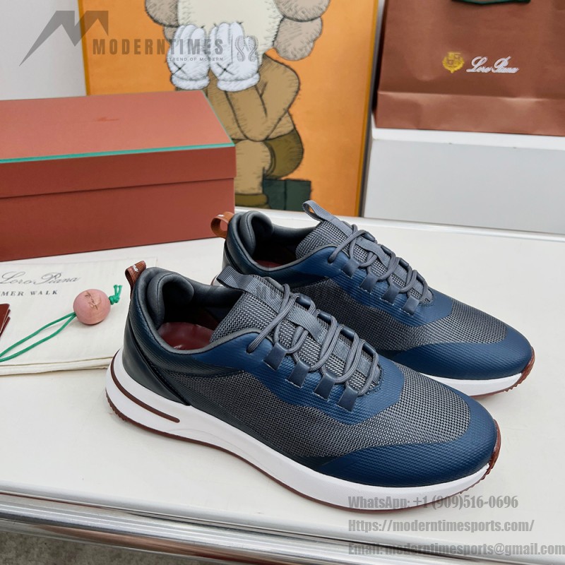 Loro Piana FAM1718-F3DW Navy Blue Leather Sneakers Loro Piana FAM1718-F3DW Navy Blue Sneakers Front View with Grey and Brown Detailing