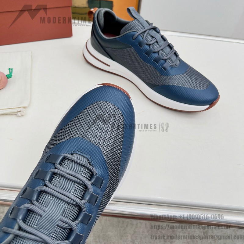Loro Piana FAM1718-F3DW Navy Blue Leather Sneakers Loro Piana FAM1718-F3DW Navy Blue Sneakers Front View with Grey and Brown Detailing
