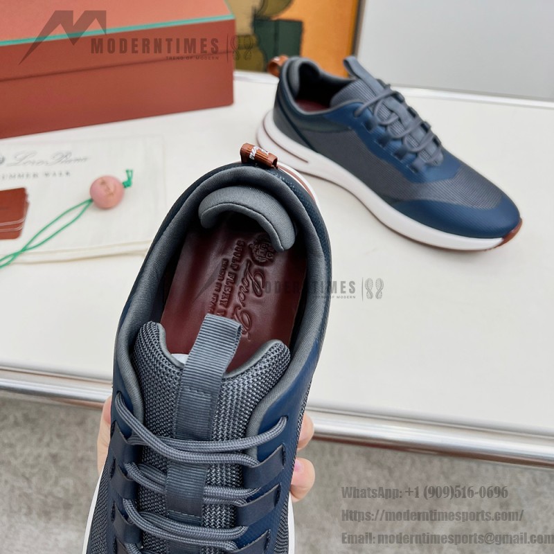 Loro Piana FAM1718-F3DW Navy Blue Leather Sneakers Loro Piana FAM1718-F3DW Navy Blue Sneakers Front View with Grey and Brown Detailing