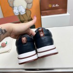 Loro Piana FAM1718-F3DW Navy Blue Leather Sneakers Loro Piana FAM1718-F3DW Navy Blue Sneakers Front View with Grey and Brown Detailing