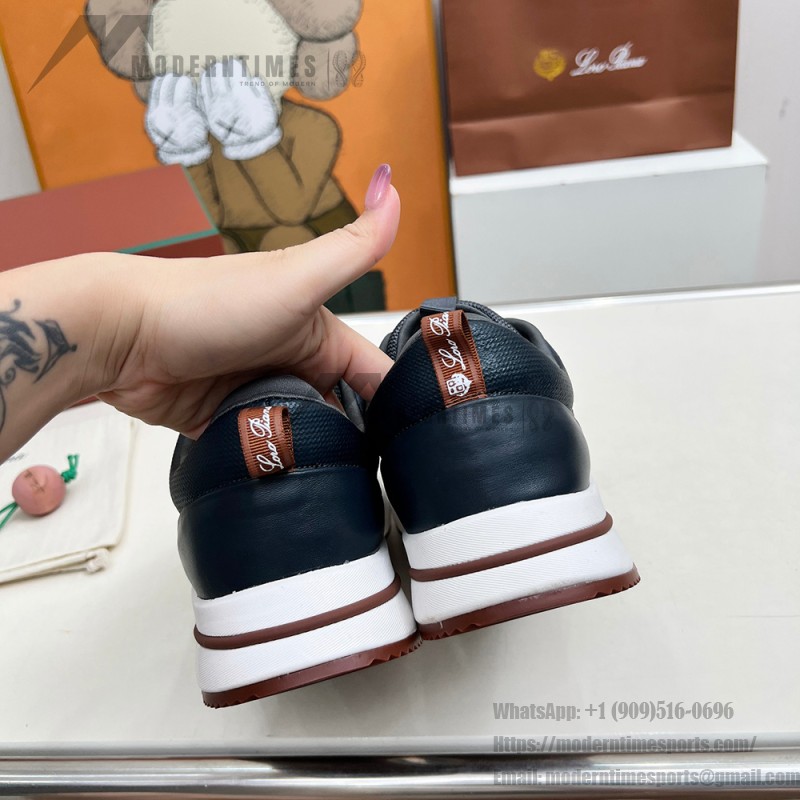 Loro Piana FAM1718-F3DW Navy Blue Leather Sneakers Loro Piana FAM1718-F3DW Navy Blue Sneakers Front View with Grey and Brown Detailing