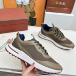 Loro Piana FAM1718-F6T5 Olive Green Sneakers Front View with Brown Detailing