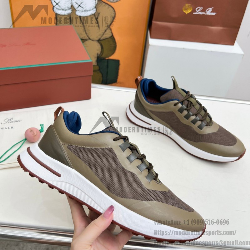 Loro Piana FAM1718-F6T5 Olive Green Sneakers Front View with Brown Detailing
