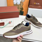 Loro Piana FAM1718-F6T5 Olive Green Sneakers Front View with Brown Detailing