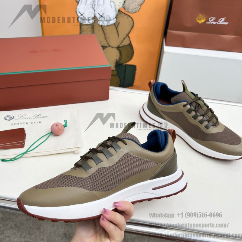 Loro Piana FAM1718-F6T5 Olive Green Sneakers Front View with Brown Detailing