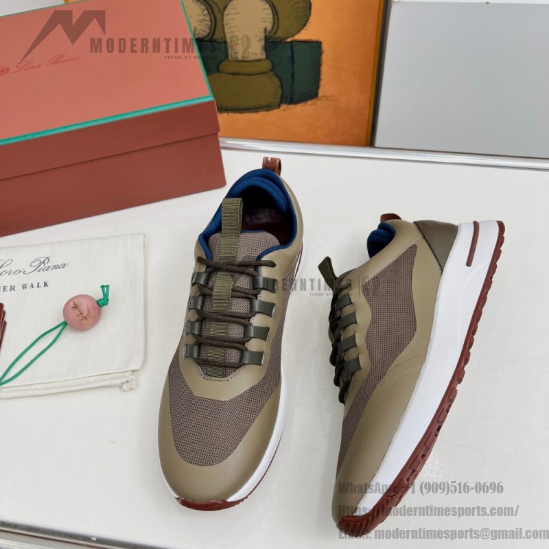 Loro Piana FAM1718-F6T5 Olive Green Sneakers Front View with Brown Detailing