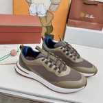Loro Piana FAM1718-F6T5 Olive Green Sneakers Front View with Brown Detailing