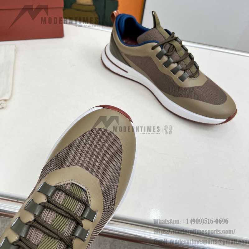 Loro Piana FAM1718-F6T5 Olive Green Sneakers Front View with Brown Detailing