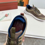 Loro Piana FAM1718-F6T5 Olive Green Sneakers Front View with Brown Detailing